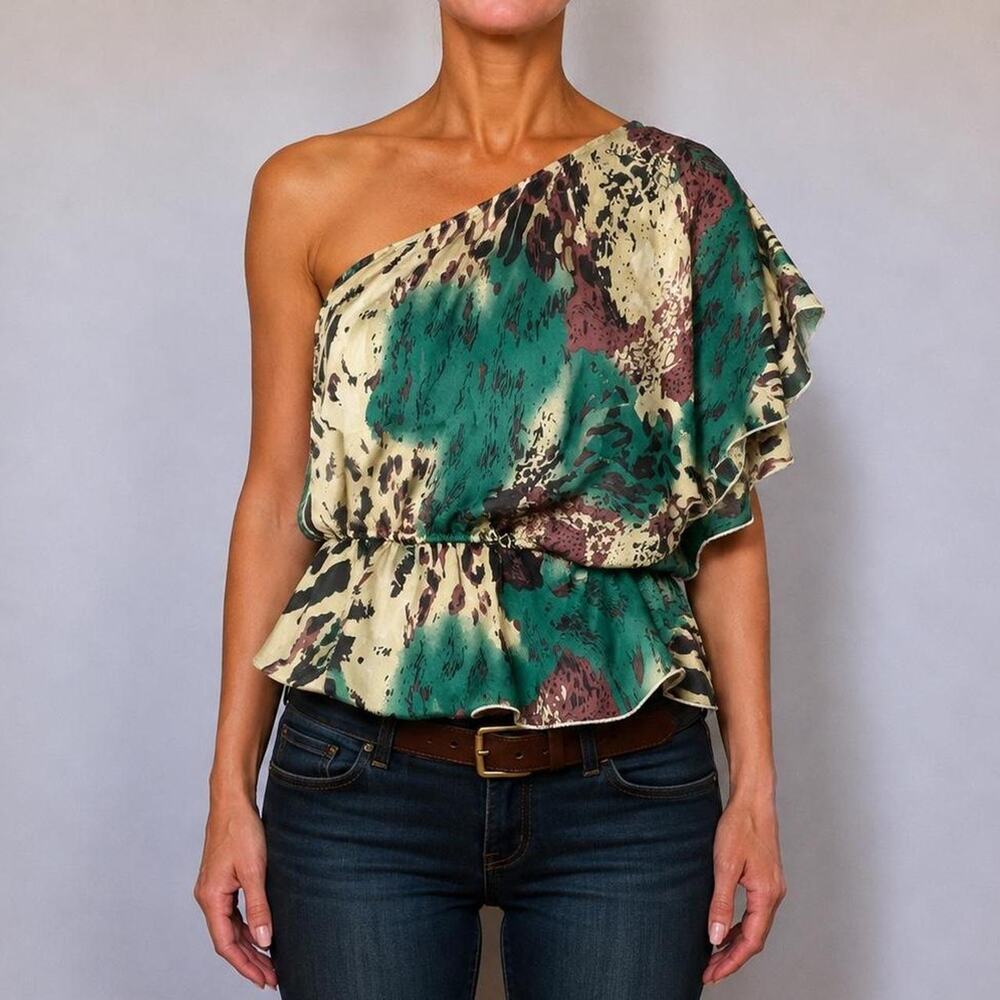 Early 2000s One Shoulder Abstract Animal Print Turquoise Ruffle Y2K Top Size M